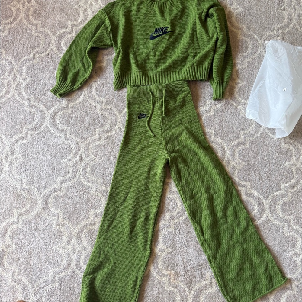 Nike Olive Green Knit Sweater and Wide-Leg Pants Set